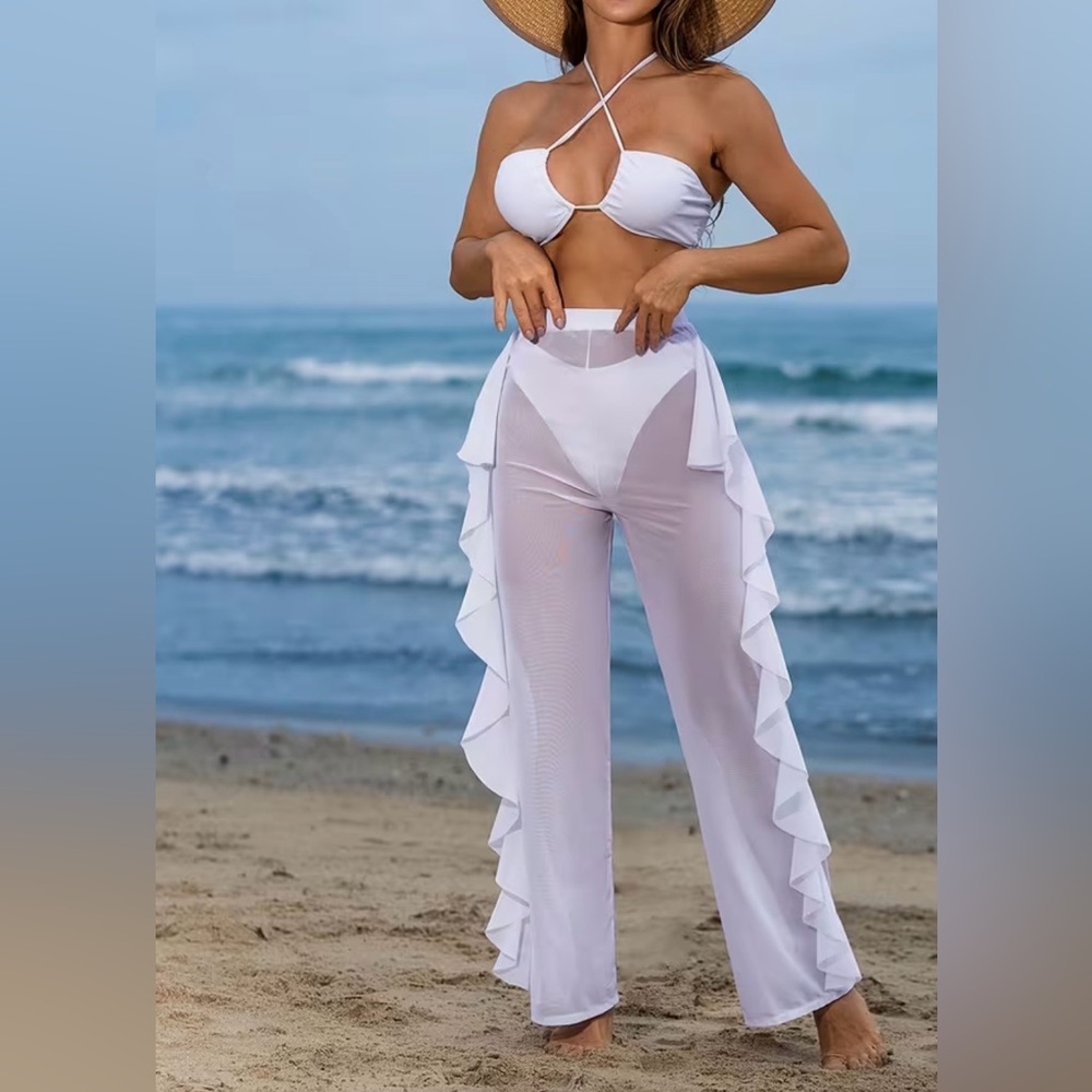 3pc White Crisscross Top Bikini Set with Sheer Mesh Ruffle Cover-Up Pants - Picture 6 of 12